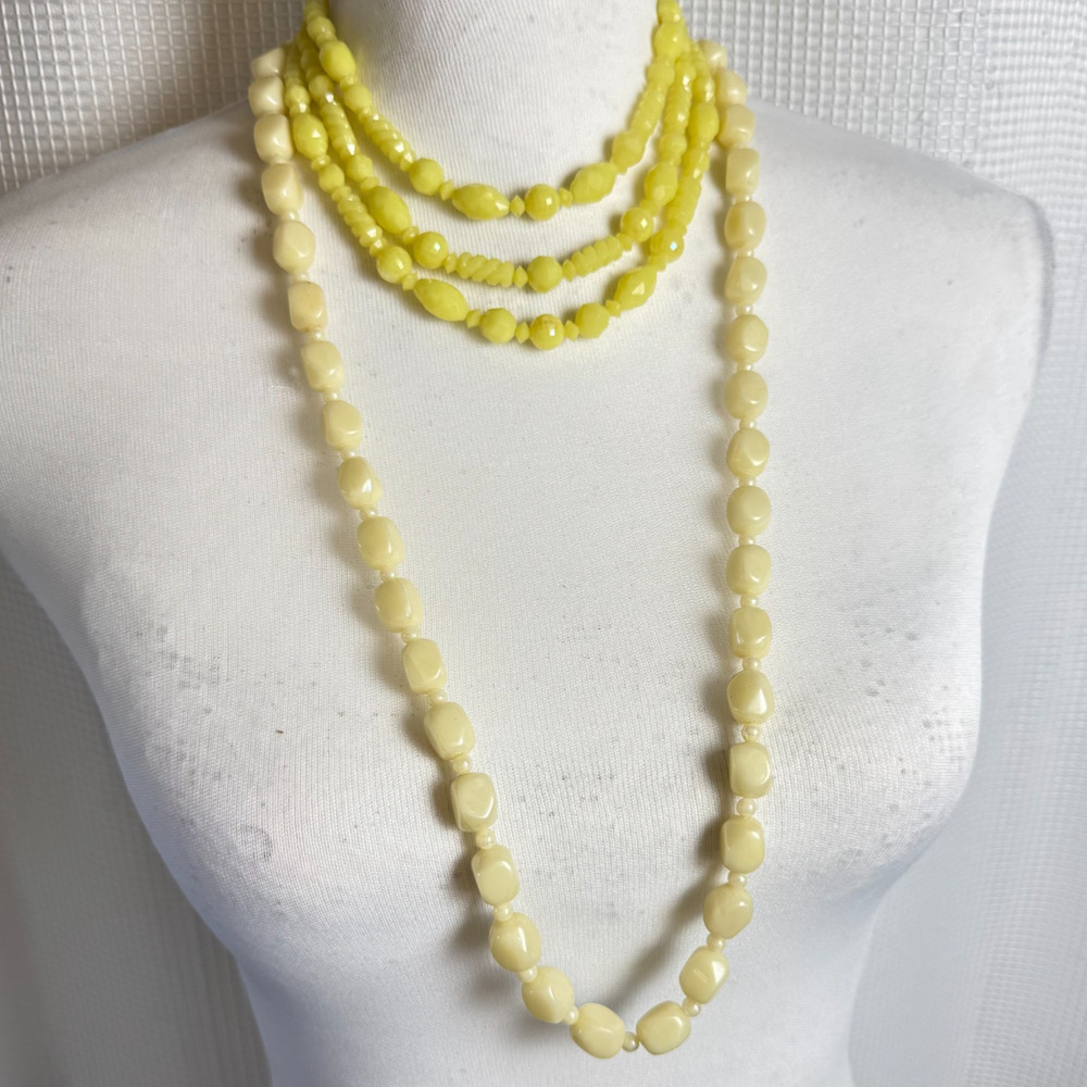 Two Vintage West Germany Necklaces Yellow Off White Lucite Plastic 3 Strand Long